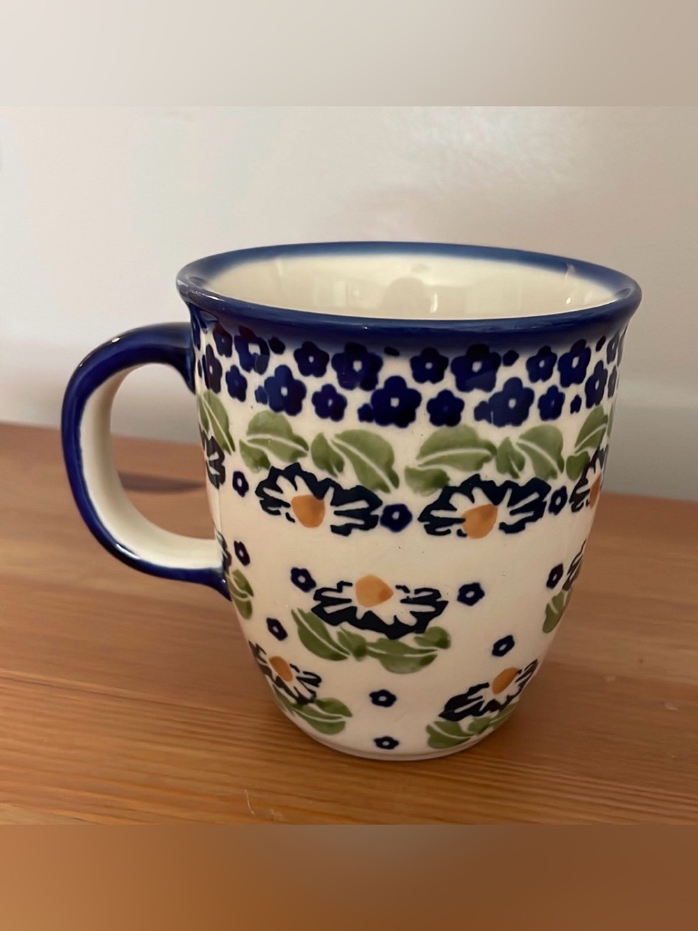 Boleslawiec Polish Pottery Coffee Mug Blue and Green Flowers